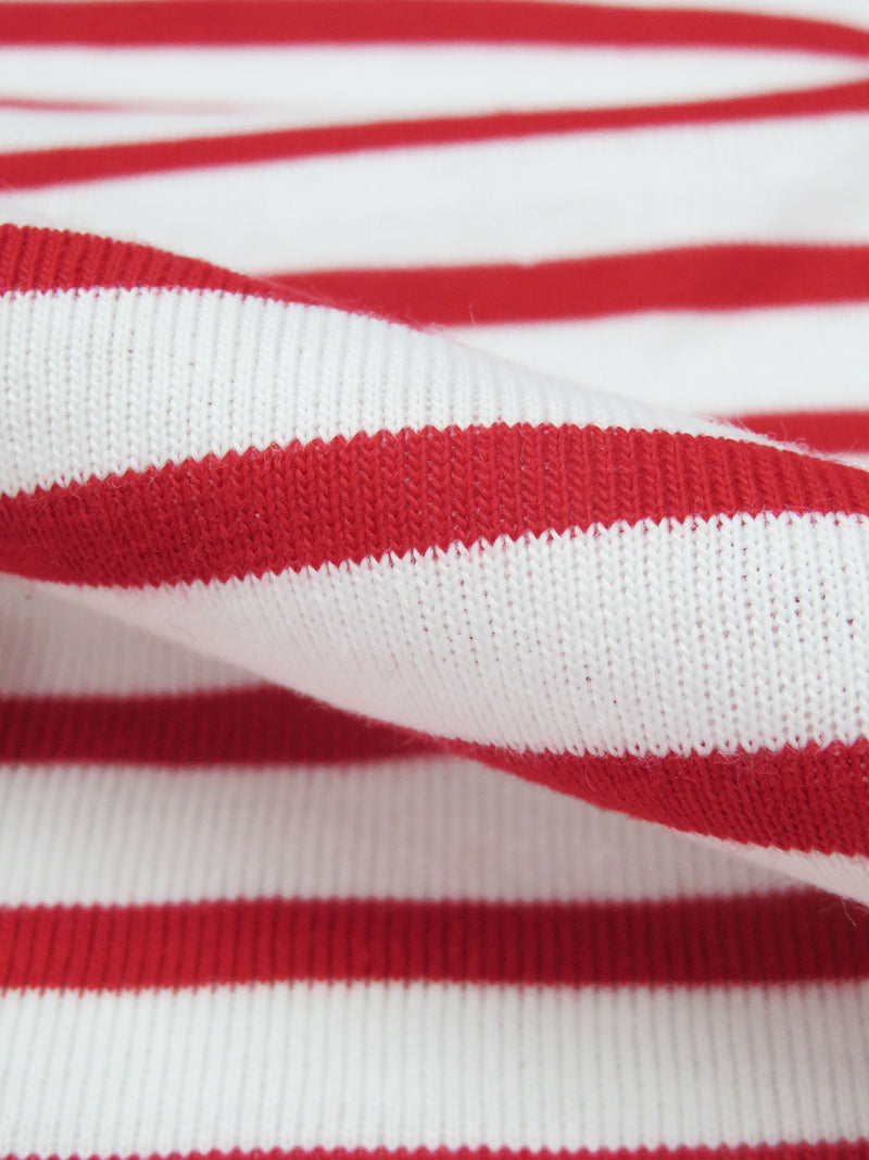 White/Apple Red Cotton/Polyester Yarn-Dyed Horizontal Stripe Jersey Knit 58W