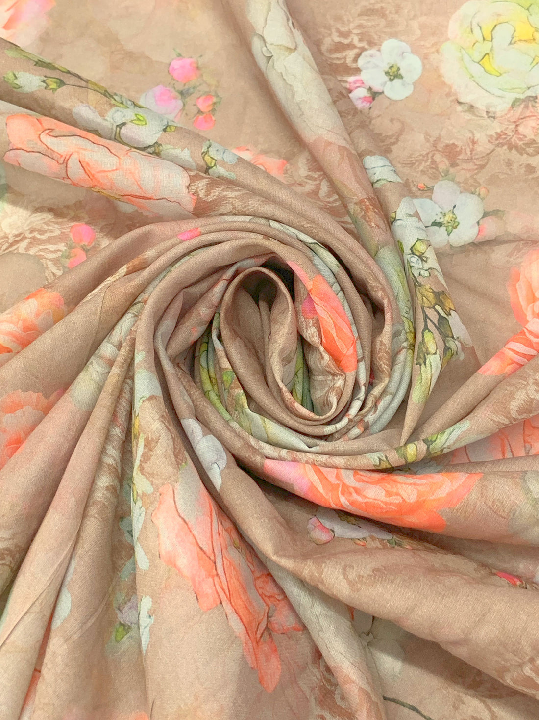 Light Taupe/Mellow Apricot/Off-White/Multi 100% Cotton Floral Print Lawn 58W