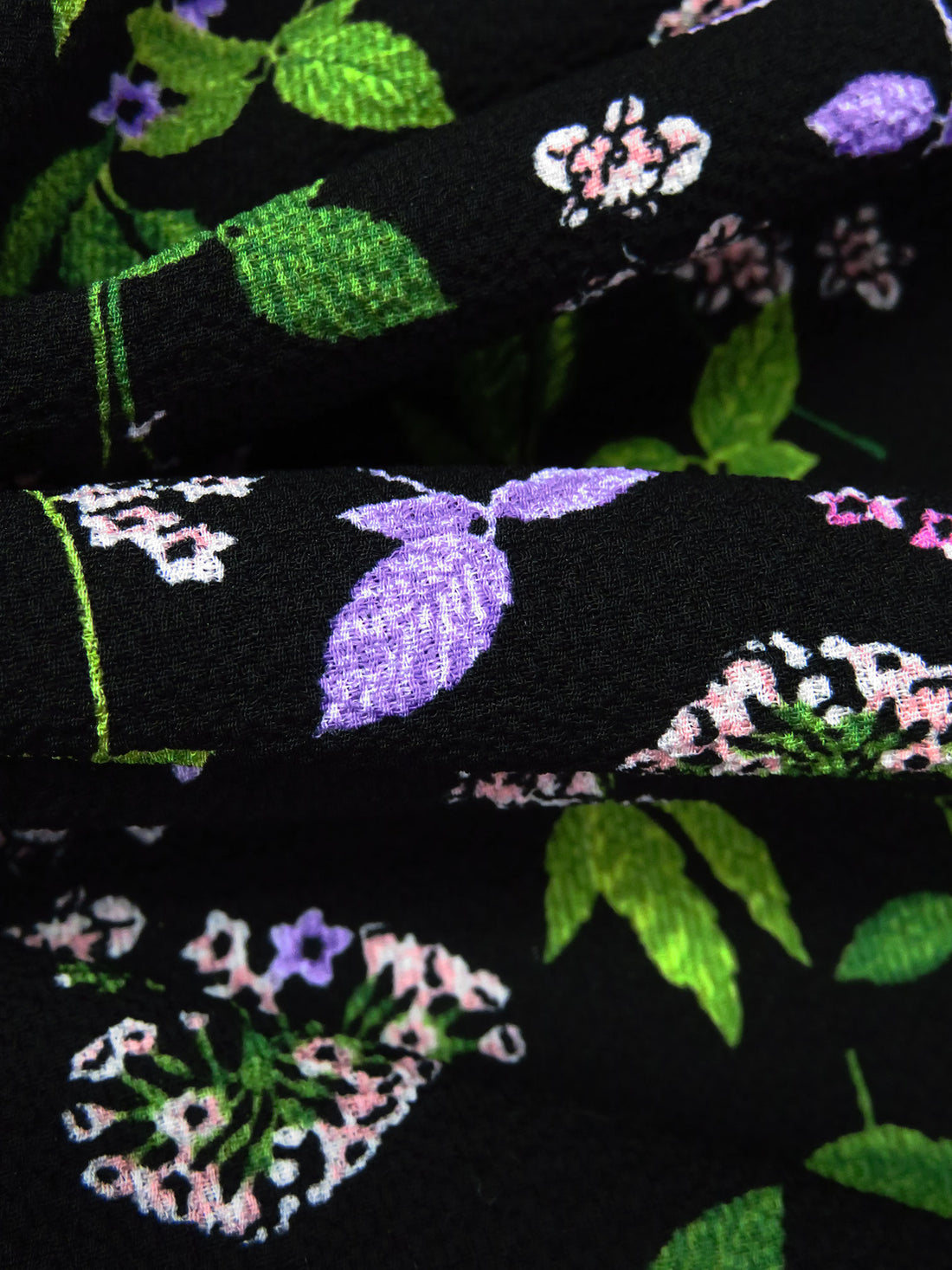 Black/Lavender/Leaf Green/Multi 100% Polyester Garden Floral Print Bubble Crepe 58W