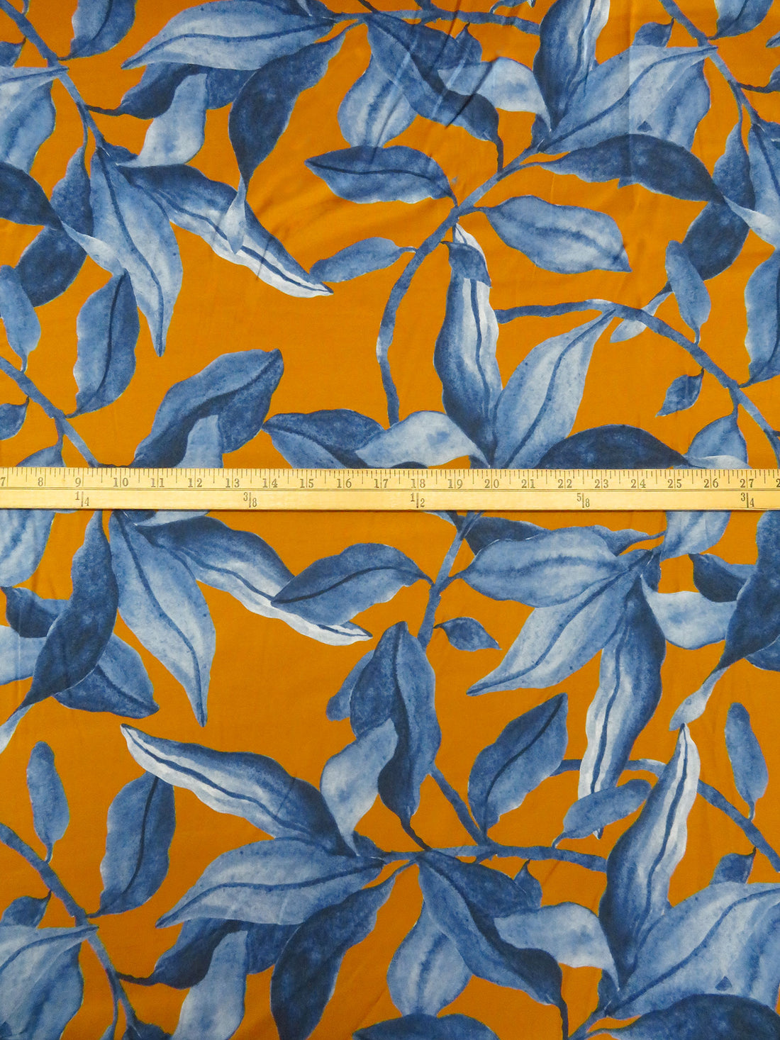 Dark Navy/Harvest Gold/Pale Blue Rayon/Lycra Large Leaf Print Charmeuse - NY Designer - 53W