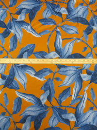 Dark Navy/Harvest Gold/Pale Blue Rayon/Lycra Large Leaf Print Charmeuse - NY Designer - 53W