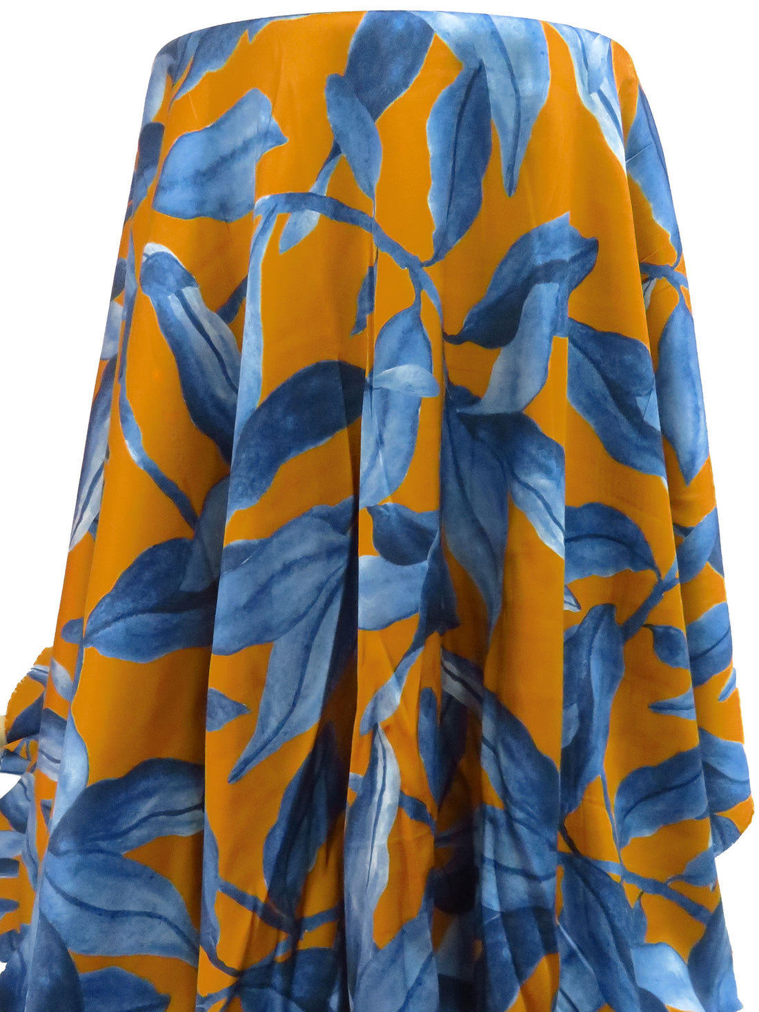 Dark Navy/Harvest Gold/Pale Blue Rayon/Lycra Large Leaf Print Charmeuse - NY Designer - 53W