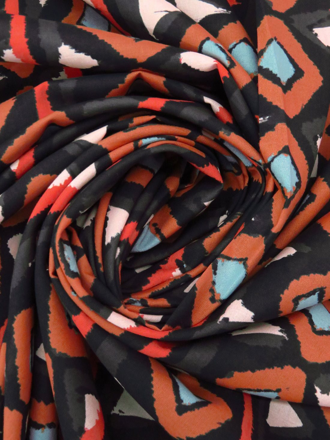 Black/Vermilion/Light Cadet Blue/Multi 100% Viscose Abstract Vertical Stripe Print Voile 57W