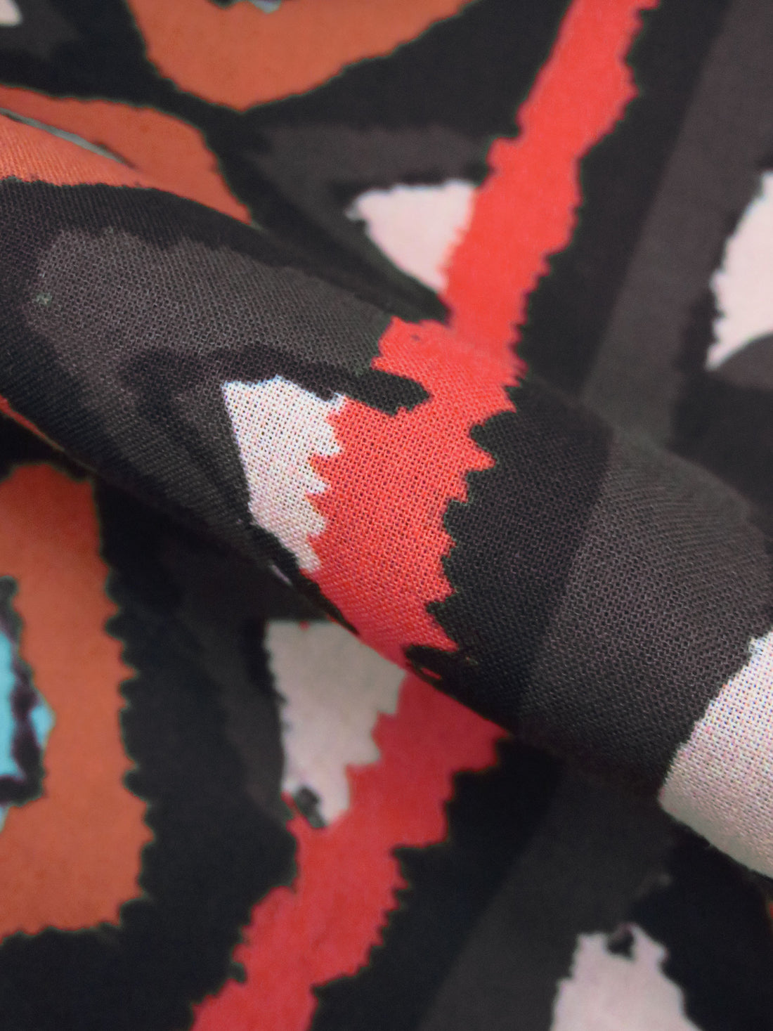 Black/Vermilion/Light Cadet Blue/Multi 100% Viscose Abstract Vertical Stripe Print Voile 57W