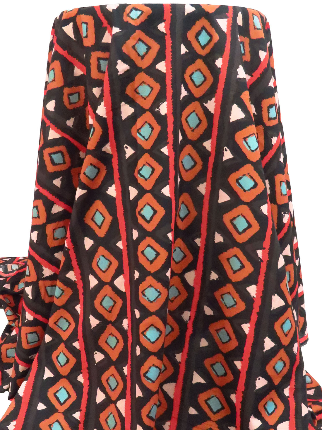 Black/Vermilion/Light Cadet Blue/Multi 100% Viscose Abstract Vertical Stripe Print Voile 57W