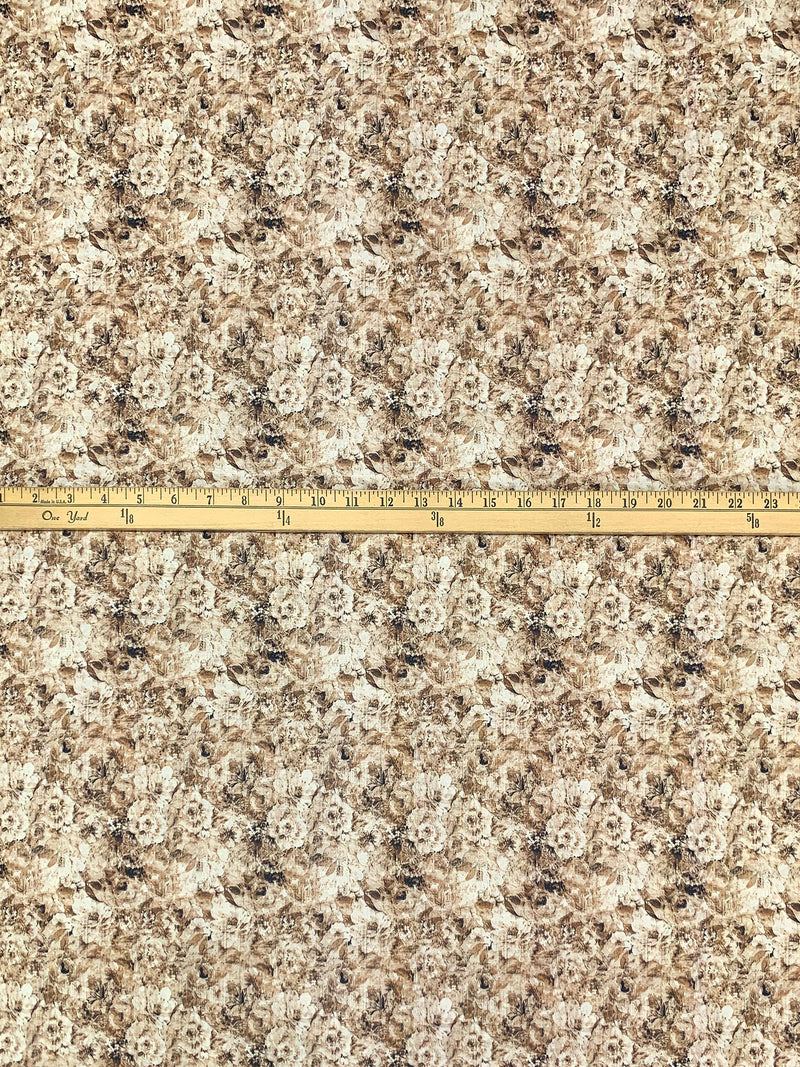 Walnut Brown/Off-White/Soft Tan Cotton/Linen Floral Print Slubbed Shirting 56W