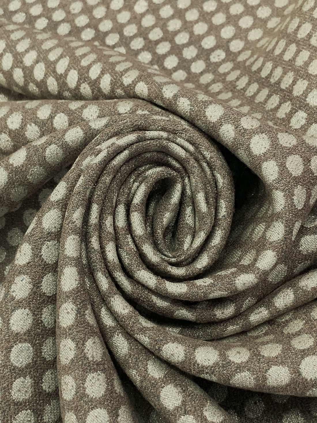 Raw Umber/Off-White/Silver Polyester/Metallic Polka Dot Jacquard Brocade - NY Designer - 55W