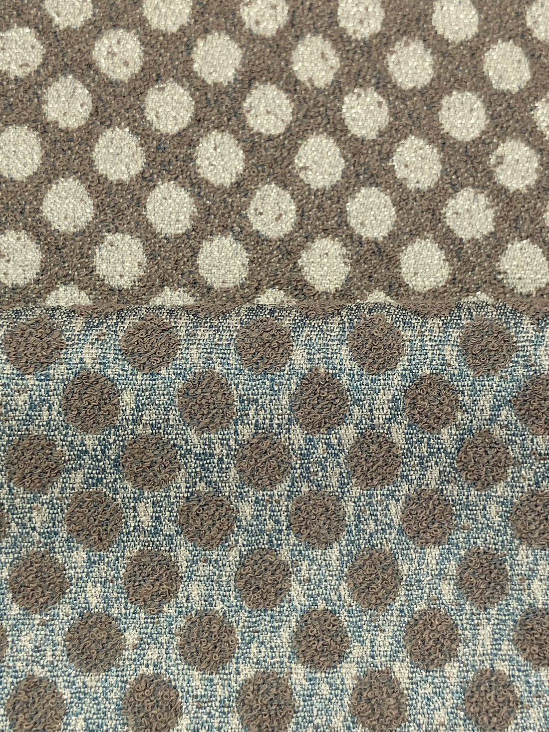 Raw Umber/Off-White/Silver Polyester/Metallic Polka Dot Jacquard Brocade - NY Designer - 55W
