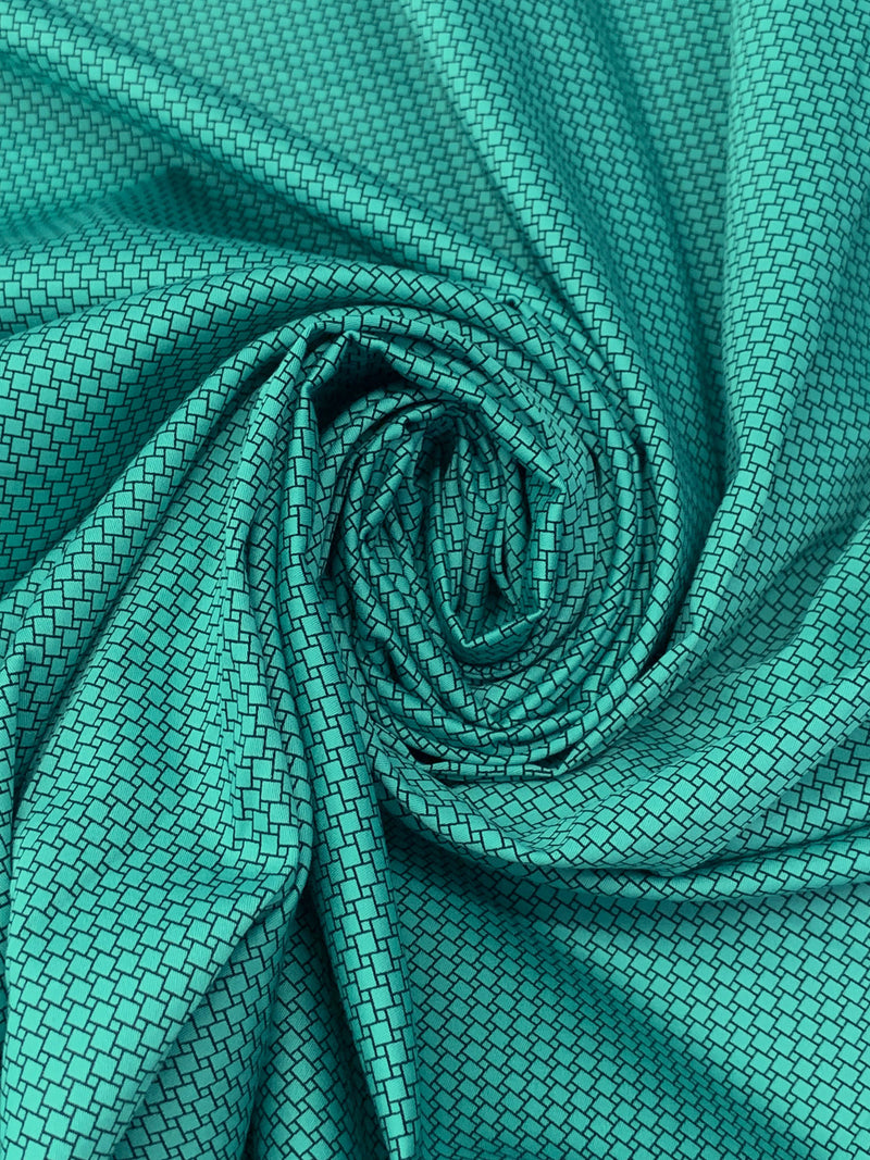 Medium Turquoise Blue/Black 100% Cotton Mini Geometric Print Sateen Shirting 57W