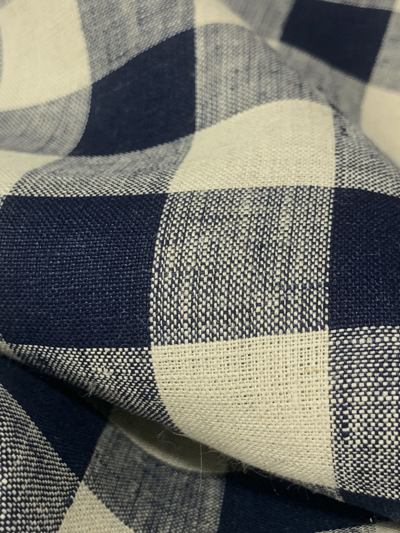 Navy Blue/Bone 100% Linen Gingham Midweight Woven 56W