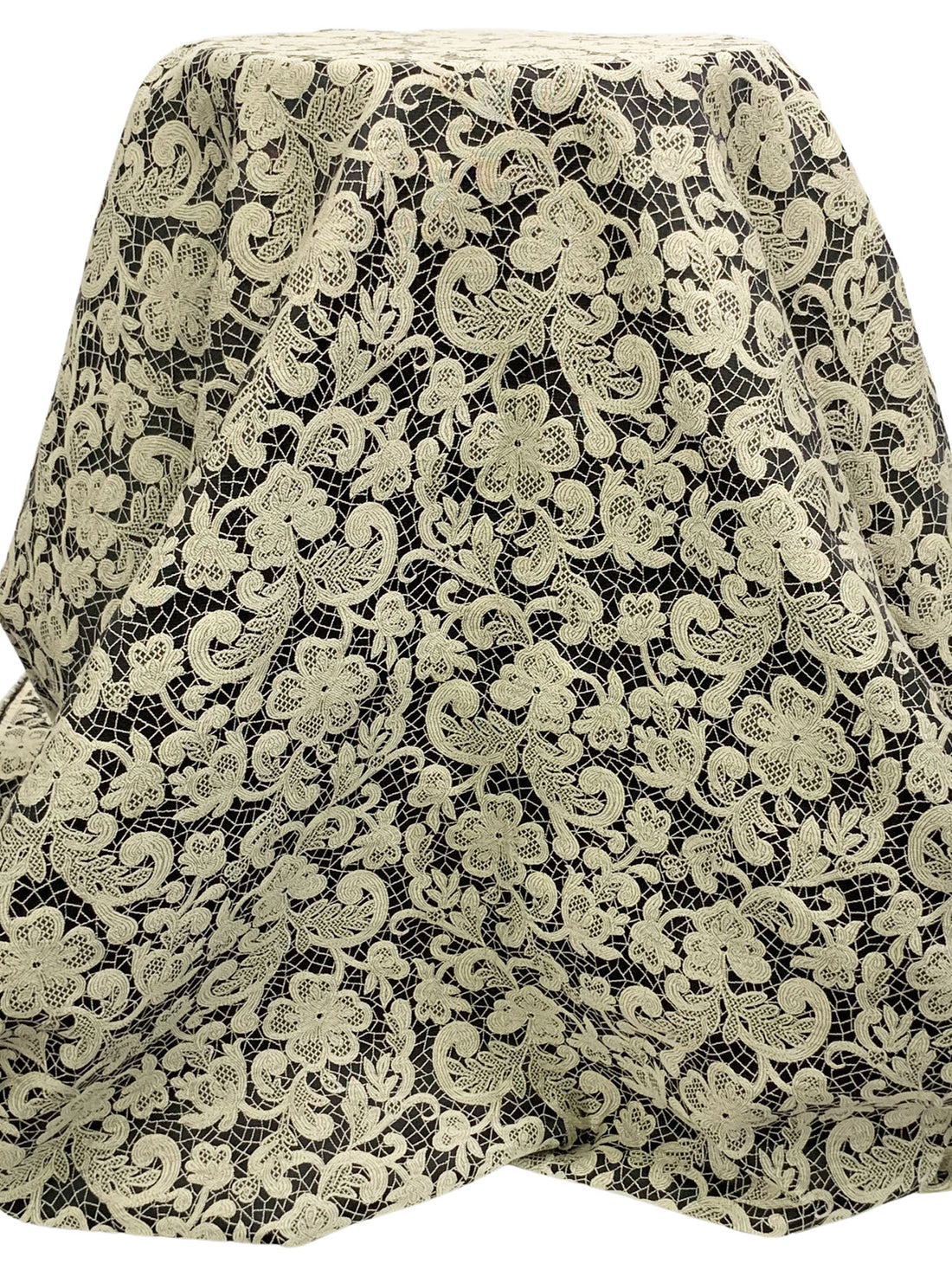 Muted Cream/Black Cotton/Polyester Lace-Look Floral Scrolls Weave Jacquard - NY Designer - 62W