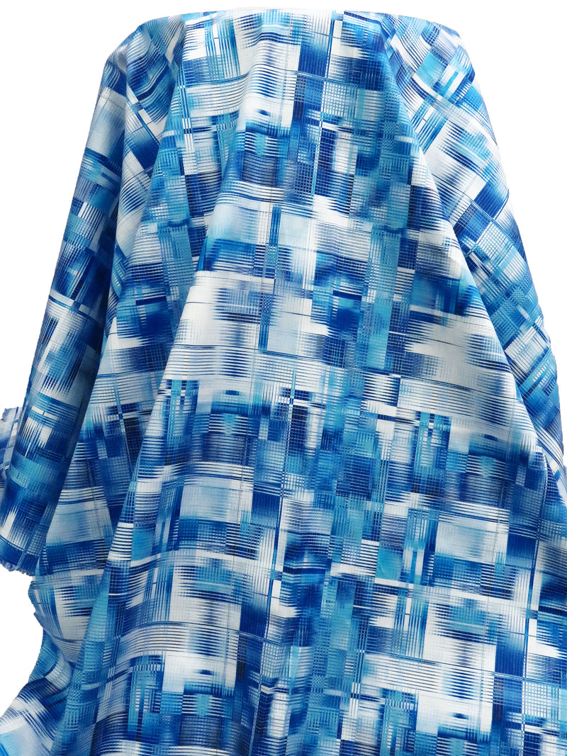 Dark Blue/Sky Blue/White/Multi Cotton/Lycra Abstract Print Sateen Shirting 53W