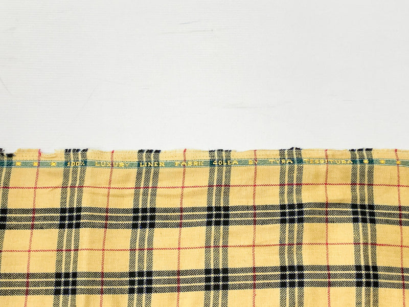 Golden Wheat/Black/Blue 100% Linen Plaid Midweight Woven 58W