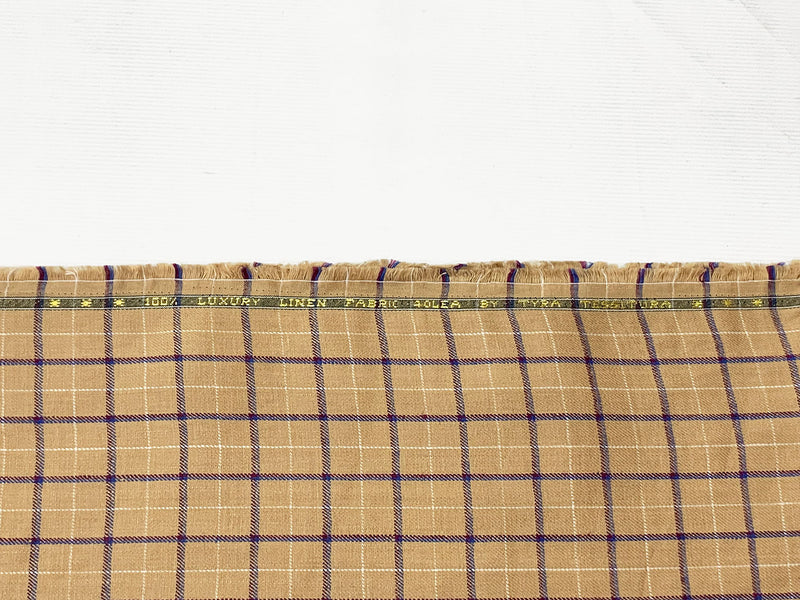 Tan/Azure Blue/White 100% Linen Plaid Midweight Woven 60W