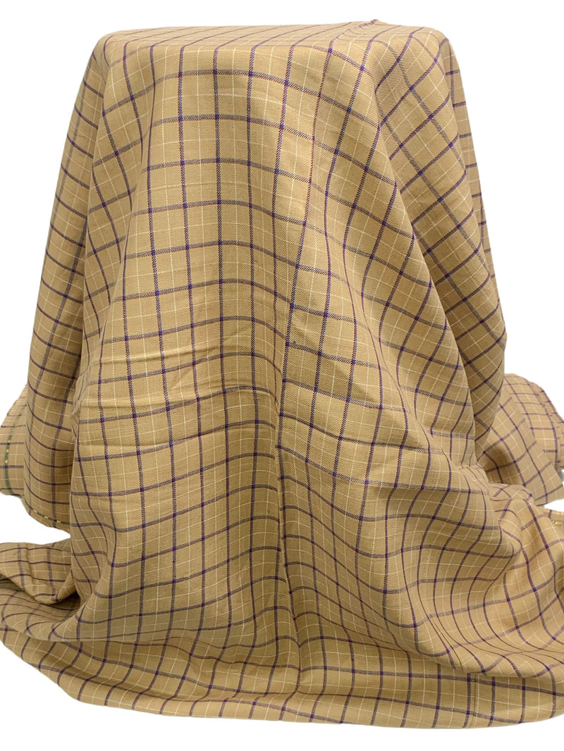 Tan/Azure Blue/White 100% Linen Plaid Midweight Woven 60W