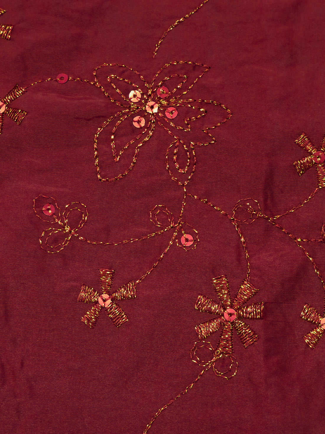 Burgundy Red/Gold 100% Polyester Embroidered Floral With Sequins Taffeta - NY Designer - 57W