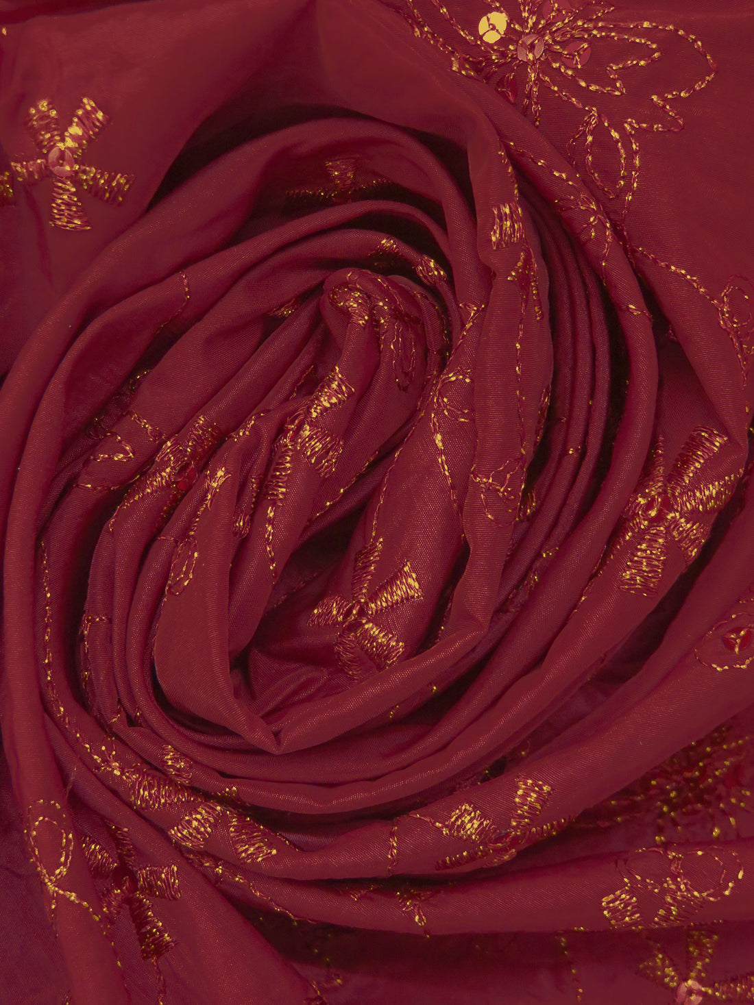 Burgundy Red/Gold 100% Polyester Embroidered Floral With Sequins Taffeta - NY Designer - 57W