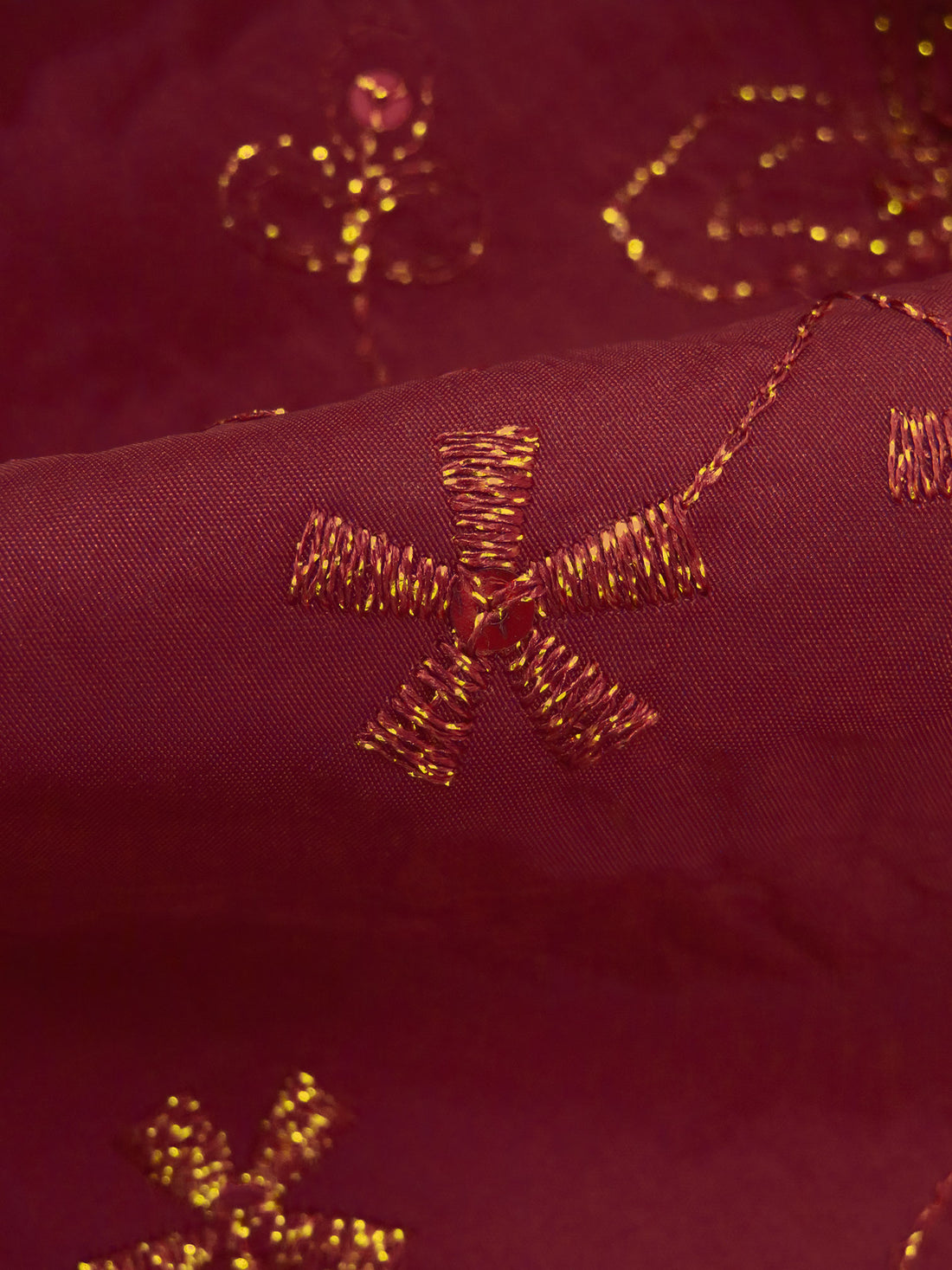 Burgundy Red/Gold 100% Polyester Embroidered Floral With Sequins Taffeta - NY Designer - 57W