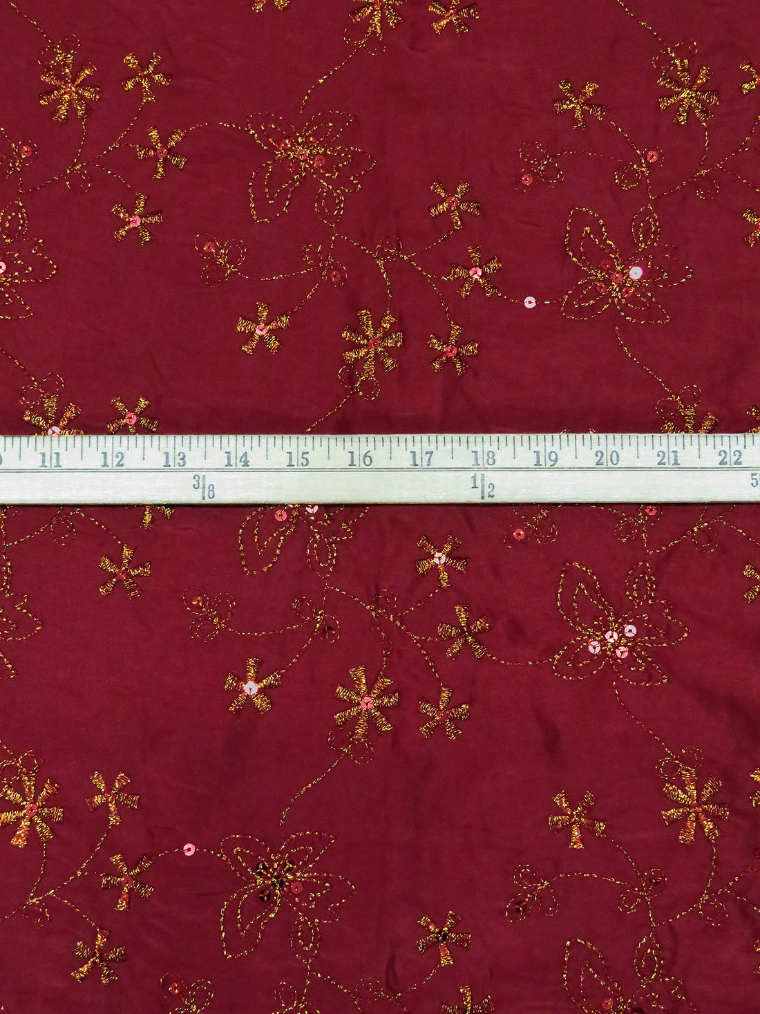 Burgundy Red/Gold 100% Polyester Embroidered Floral With Sequins Taffeta - NY Designer - 57W