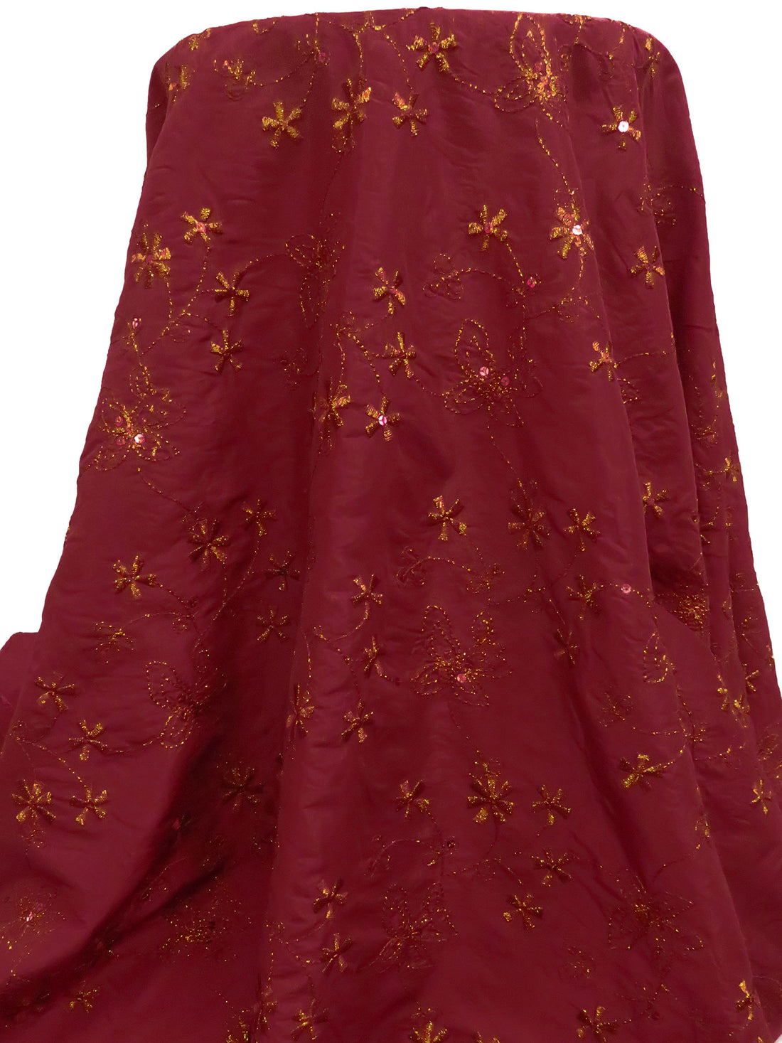 Burgundy Red/Gold 100% Polyester Embroidered Floral With Sequins Taffeta - NY Designer - 57W