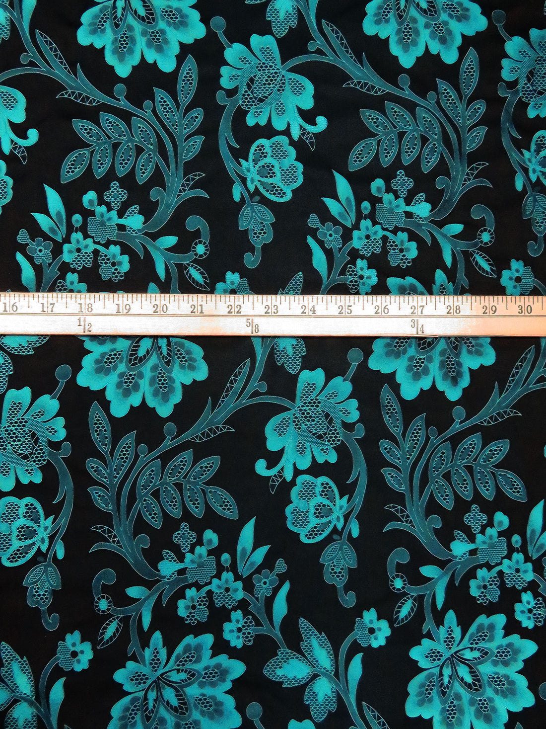 Turquoise/Black 100% Polyester Floral Jacquard Taffeta - NY Designer - 58W