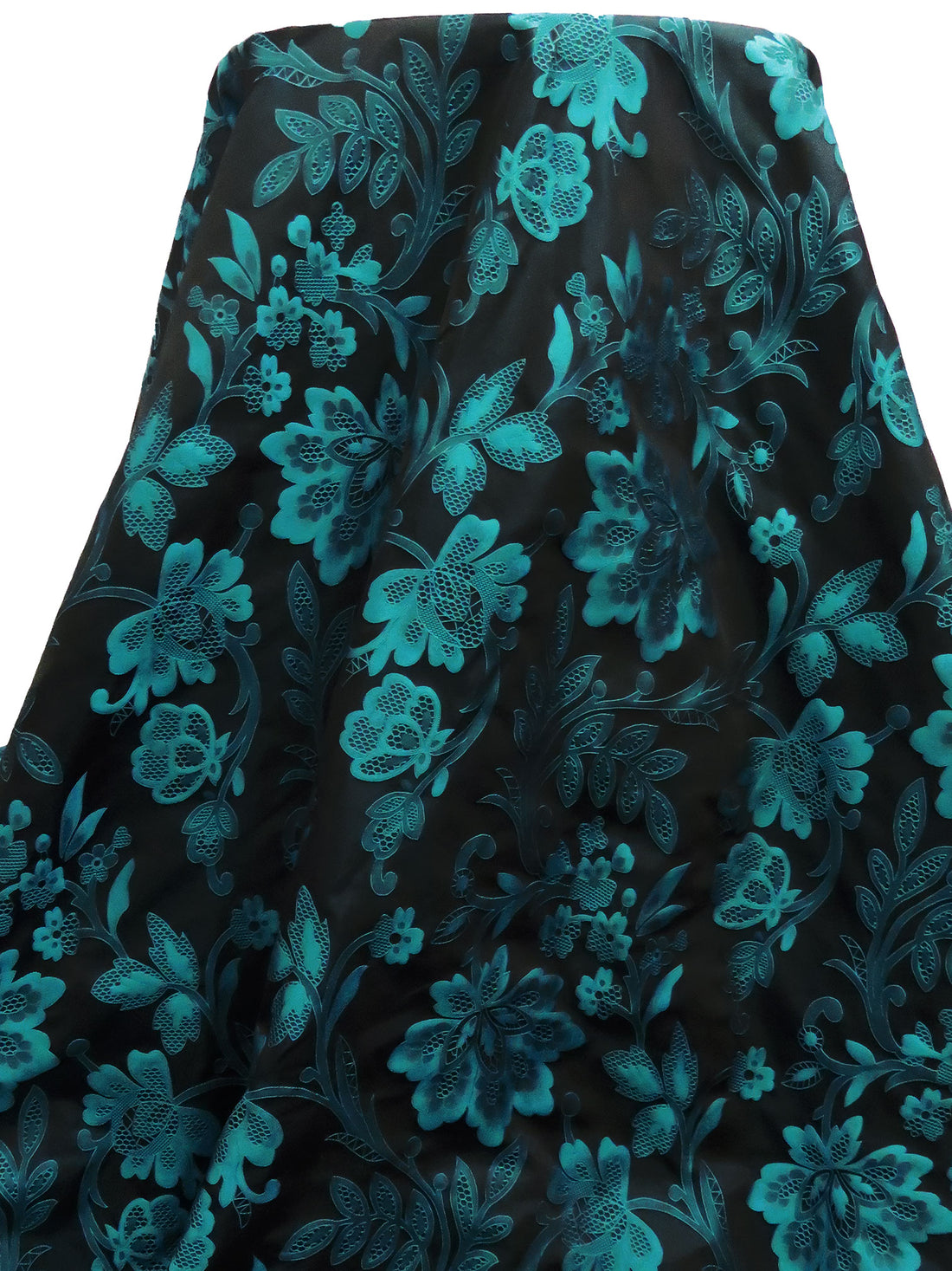 Turquoise/Black 100% Polyester Floral Jacquard Taffeta - NY Designer - 58W
