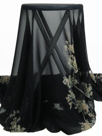 SOLD BY THE PANEL ONLY - Black/Stone Taupe/Muted Chocolate Brown/Multi 100% Silk Double Floral Branches Print Chiffon 53W