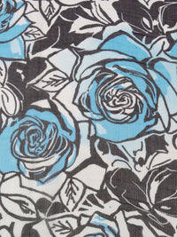 Ghost White/Black/Sky Blue 100% Silk Large Floral Roses Print Crinkle Chiffon 54W