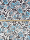 Ghost White/Black/Sky Blue 100% Silk Large Floral Roses Print Crinkle Chiffon 54W