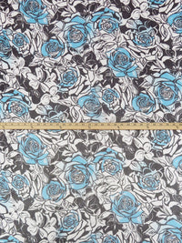 Ghost White/Black/Sky Blue 100% Silk Large Floral Roses Print Crinkle Chiffon 54W