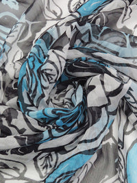 Ghost White/Black/Sky Blue 100% Silk Large Floral Roses Print Crinkle Chiffon 54W