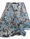 Ghost White/Black/Sky Blue 100% Silk Large Floral Roses Print Crinkle Chiffon 54W