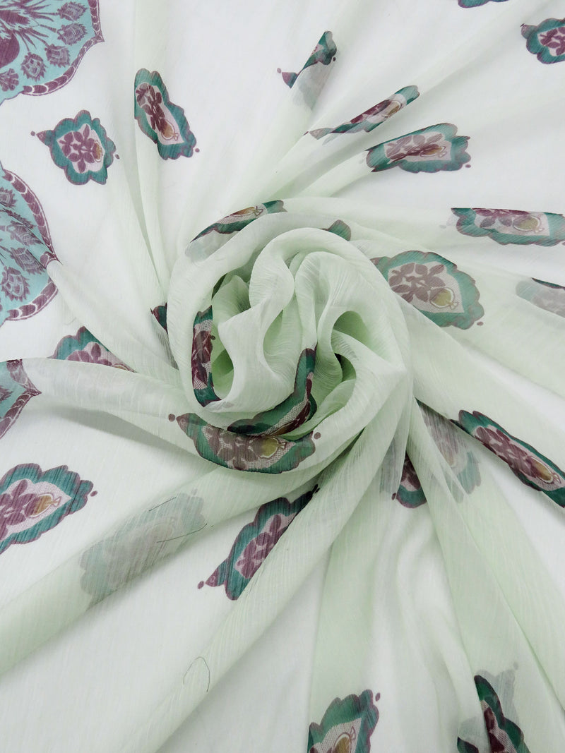 Mint/Plum/Deep Jade/Multi 100% Silk Single Border Floral Medallion Print Crinkle Chiffon 57W