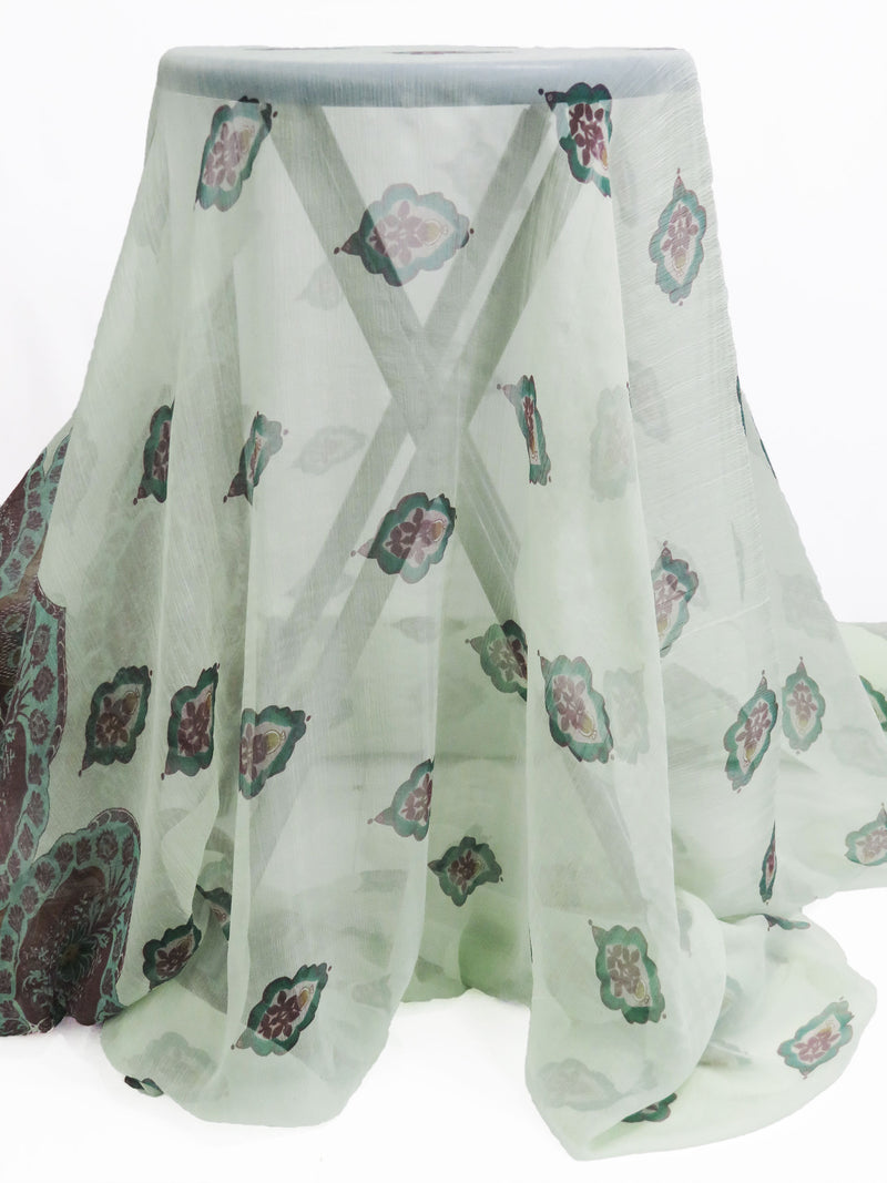 Mint/Plum/Deep Jade/Multi 100% Silk Single Border Floral Medallion Print Crinkle Chiffon 57W