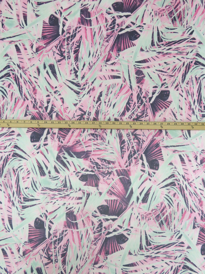 Paradise Pink/Mint/Royal Purple/Multi 100% Silk Abstract Overlapping Frond Print Crepe Chiffon 55W