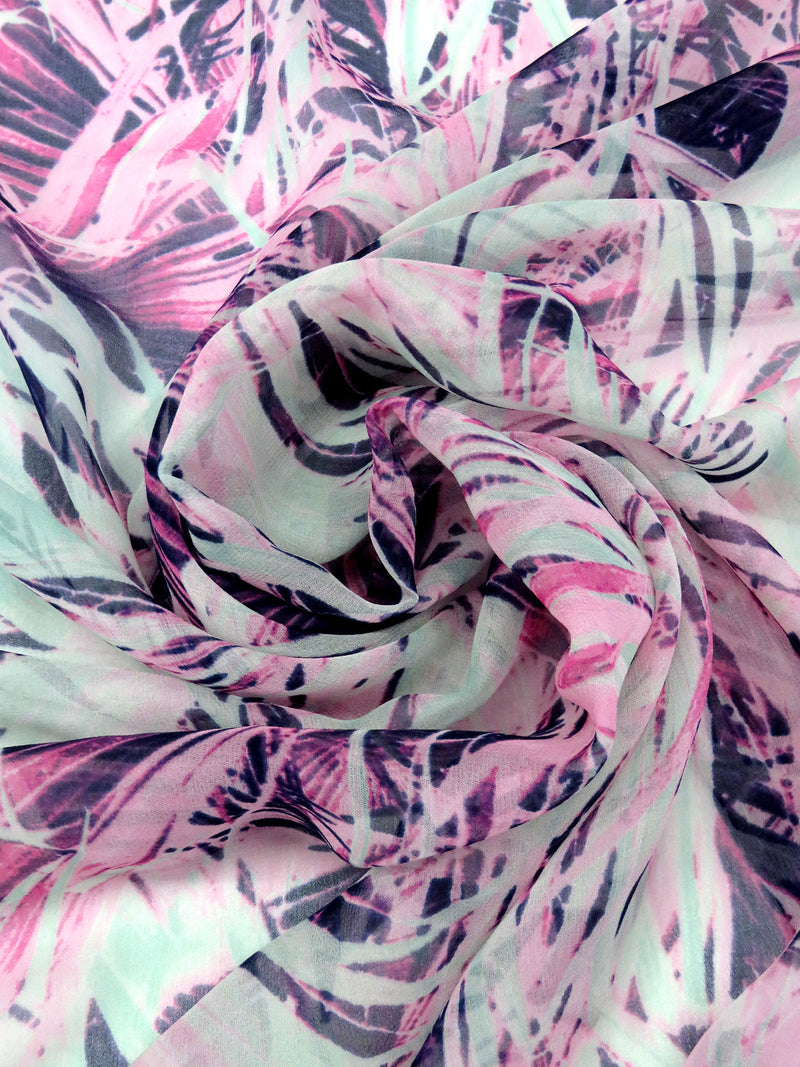 Paradise Pink/Mint/Royal Purple/Multi 100% Silk Abstract Overlapping Frond Print Crepe Chiffon 55W