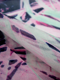 Paradise Pink/Mint/Royal Purple/Multi 100% Silk Abstract Overlapping Frond Print Crepe Chiffon 55W