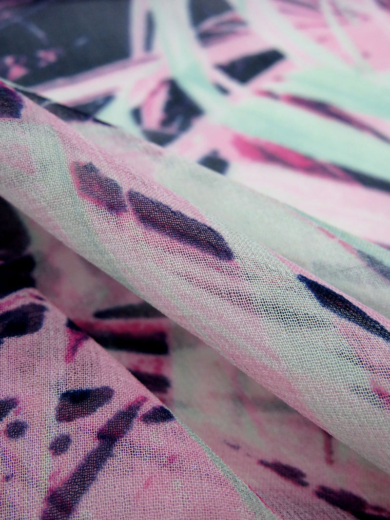 Paradise Pink/Mint/Royal Purple/Multi 100% Silk Abstract Overlapping Frond Print Crepe Chiffon 55W