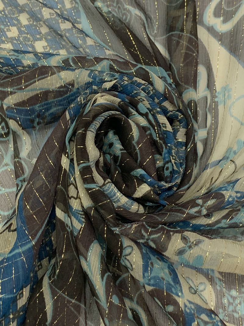 Black/Dark Imperial Blue/Pale Cream/Gold Silk/Metallic Vertical Metallic Stripe Stylized Floral Print Crinkle Chiffon 51W