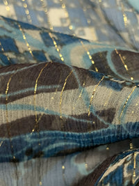 Black/Dark Imperial Blue/Pale Cream/Gold Silk/Metallic Vertical Metallic Stripe Stylized Floral Print Crinkle Chiffon 51W