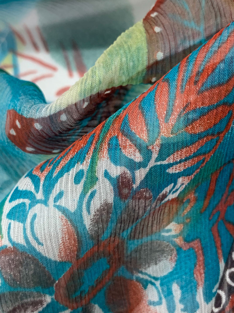 Pale Goldenrod/Coastal Blue/Red/Multi 100% Silk Ornate Wildflower Print Crinkle Chiffon 52W