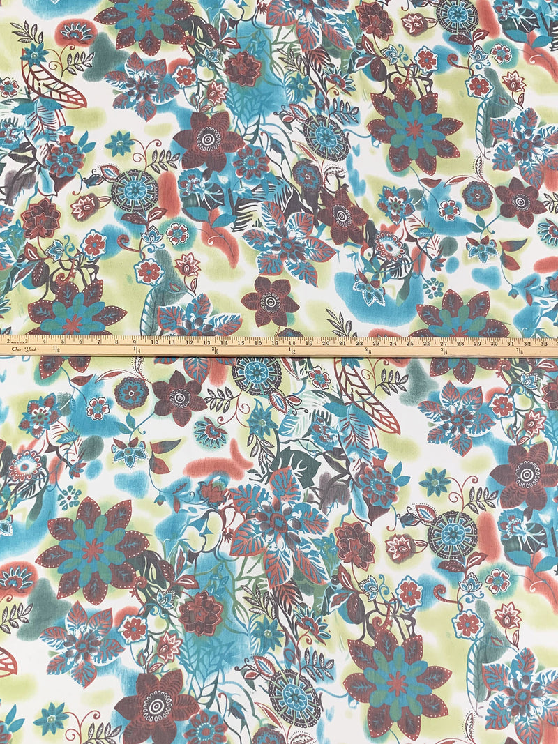 Pale Goldenrod/Coastal Blue/Red/Multi 100% Silk Ornate Wildflower Print Crinkle Chiffon 52W