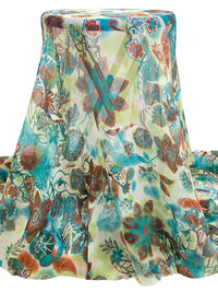 Pale Goldenrod/Coastal Blue/Red/Multi 100% Silk Ornate Wildflower Print Crinkle Chiffon 52W