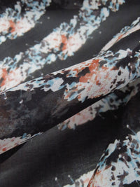 Black/Dark Rose Pink/Sky Blue/Multi 100% Silk Horizontal Floral Stripe Print Chiffon 43W