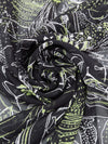 Black/White/Spring Bud Green 100% Silk Floral Outline Print Chiffon 44W