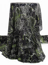 Black/White/Spring Bud Green 100% Silk Floral Outline Print Chiffon 44W