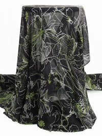 Black/White/Spring Bud Green 100% Silk Floral Outline Print Chiffon 44W