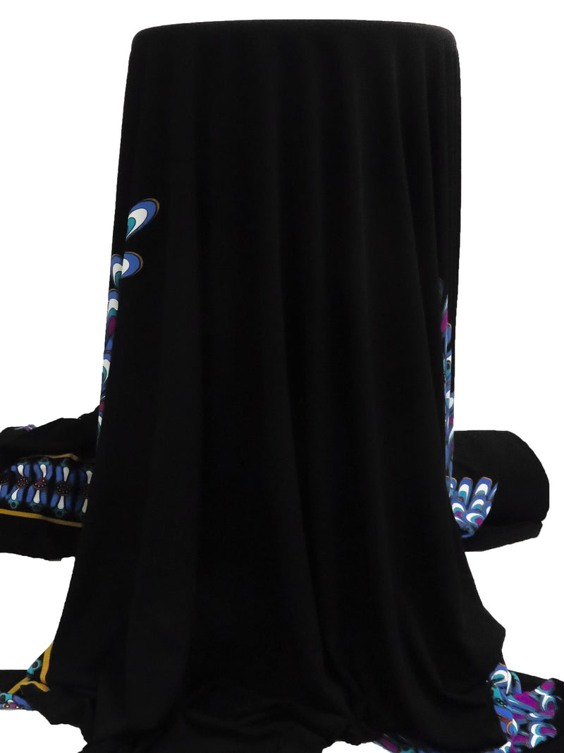 Black/Dark Cornflower/Multi Polyester/Lycra Multi Double Border Abstract Peacock Print ITY Knit - Famous Dress Designer - 58W