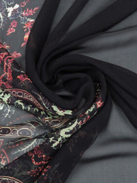 Black/Pale Celadon/Claret/Multi 100% Silk Double Border Ornate Floral Print Chiffon 53W