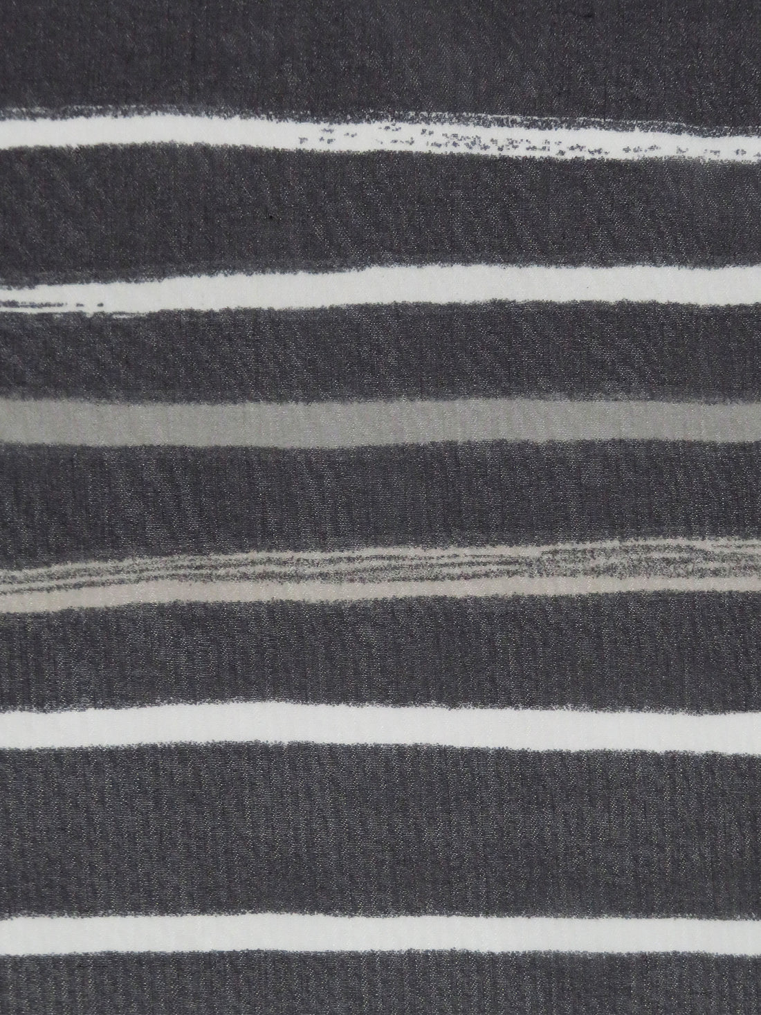 Black/White/Pale Pewter Gray 100% Silk Painterly Horizontal Stripe Print Crepe Chiffon 55W